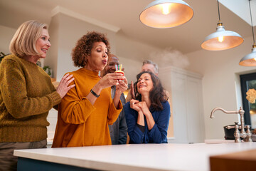 Group Of Mature Friends Meeting At Home To Celebrate Womans Birthday With Cake