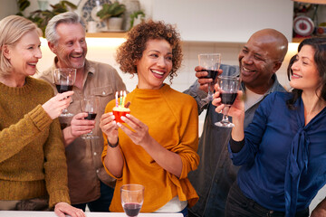 Group Of Mature Friends Meeting At Home To Celebrate Womans Birthday With Cake