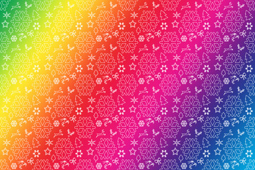 A colorful seamless Christmas illustration of snowflakes, trees, reindeer, bows and stars on a rainbow background.