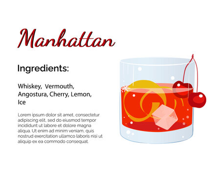 Manhattan cocktail with place for ingredients and recipe isolated on a white background. Cocktail card template. 