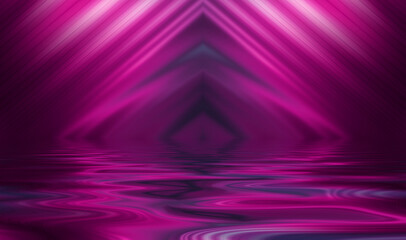 Abstract dark futuristic background. Ultraviolet neon light rays are reflected off the water. Background of empty stage show, beach party. 3d illustration