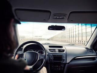 Rear view from car on highway. Driving car