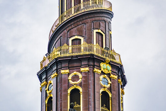 Copenhagen Church of Our Saviour (Vor Frelsers Kirke, 1752). Baroque Our Saviour's is one of Denmark's most famous churches. On top of a golden globe stands Our Saviour. Copenhagen, Denmark.