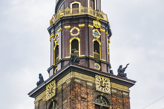 Copenhagen Church of Our Saviour (Vor Frelsers Kirke, 1752). Baroque Our Saviour's is one of Denmark's most famous churches. On top of a golden globe stands Our Saviour. Copenhagen, Denmark.