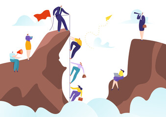 Teamwork with success leader help to goal achievement, leadership and team career together vector illustration. Cooperation challenge for corporate employee group, partnership for growth up.