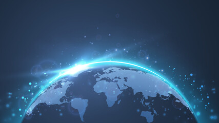 Planet Earth. Glowing World map. Global social network future. Low poly, wireframe 3d Raster illustration. Abstract polygonal image on a blue neon background