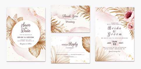 Wedding invitation template set with brown and peach dried floral and leaves decoration. Botanic card design concept