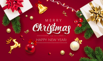 Fototapeta na wymiar Merry Christmas Red Background with gifts box, green fir tree pine branch, red Christmas ball, golden deer, jingle bell and holly berry. Horizontal Christmas posters, greeting cards, website. Vector