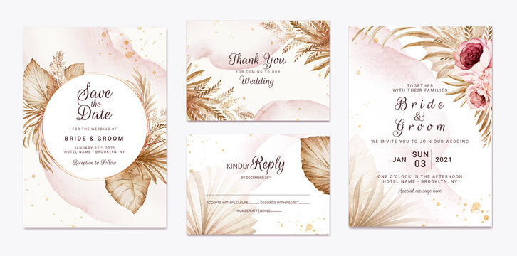 Wedding Invitation Template Set With Brown And Peach Dried Floral And Leaves Decoration. Botanic Card Design Concept