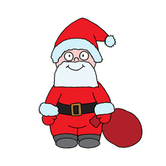 Santa Clause, cute positive illustration. Smiling Santa with big bag of gifts. Doodle style vector illustration. Christmas and New Year decoration for cards, prints, textile seasonal design