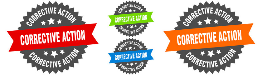 corrective action sign. round ribbon label set. Seal