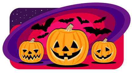 Colorful halloween design featuring three pumpkins with different expressions and bats flying around, with a colorful oval background