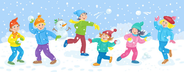 Winter fun. Happy children play snowballs in a winter glade. Banner in cartoon style. Vector flat illustration.