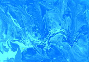 Obraz premium Abstract fluid art background. Blue, cyan, turquoise and white colors mix together. Beautiful creative print. Abstract art hand paint. Original artwork. Color splashing on paper. Cosmic texture