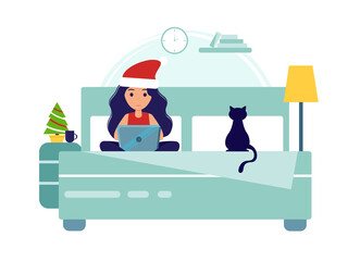 Home office during coronavirus outbreak concept. Young woman wearing santa claus hat is working on a laptop. Vector illustration in flat style