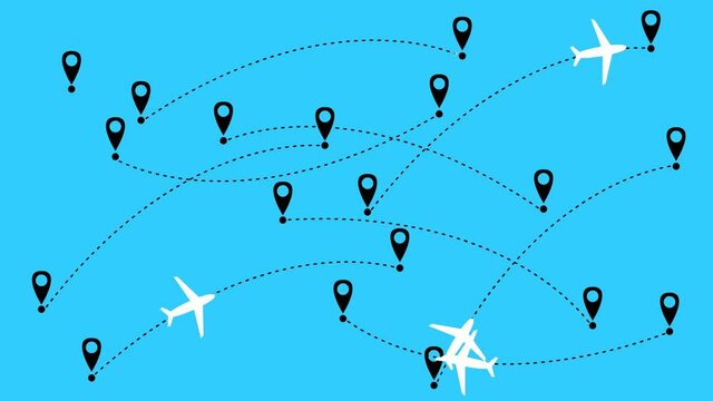 Animated planes fly along a trajectory. Airplane travel. Airplane fly from one place to another. Vector illustration isolated  on a blue background.