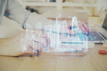 High tech city drawing with businessman working on computer on background. Smartcity concept. Double exposure.