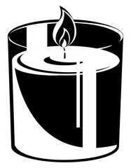 Burning candle in glass jar. Decor object in monochrome style.