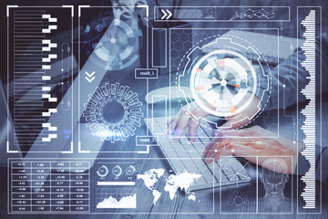 Double exposure of tech drawings with hands working on computer background. Concept of innovation.