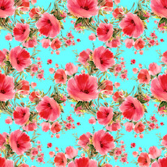 Seamless pattern watercolor red flower bouquets