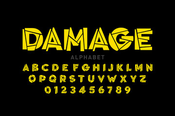 Damaged font, alphabet letters and numbers vector illustration