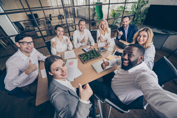 Professional managers have company growth plan training conference make selfie approve way-out...