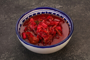 Russian traditional Borsch soup with cabbage