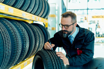 Fototapeta na wymiar Professional mechanic working on tires inspection in the auto services/tires services centre