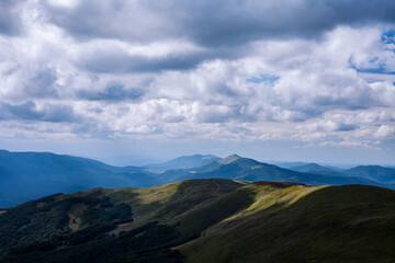 Panorama on the mountain chain in the Bieszczady Mountains.
