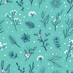 Light blue Christmas pattern. Vector seamless wrapping paper pattern for Christmas. Beautiful botanical pattern with white winter berries. 
