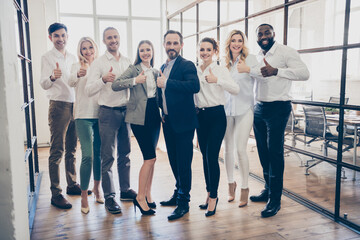 Full size photo of handsome business people office eight members friends arms raise thumb fingers successful teammates professionals marketing crisis slowdown specialists indoors