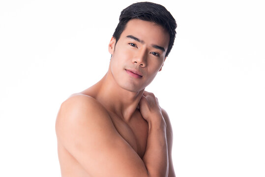 portrait of handsome young asian man on white background.