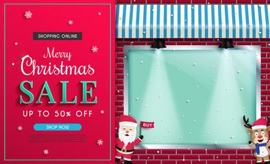 Christmas sales banner design.and Shop front.and there is a glass cabinet for displaying products. and there are Santa Claus and reindeer standing welcome and inviting you to online shopping.
