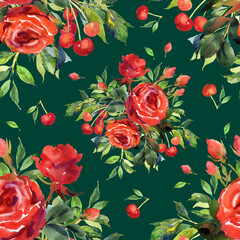 Seamless pattern of bright bouquets of roses with berries