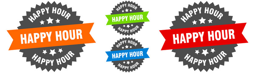 happy hour sign. round ribbon label set. Seal