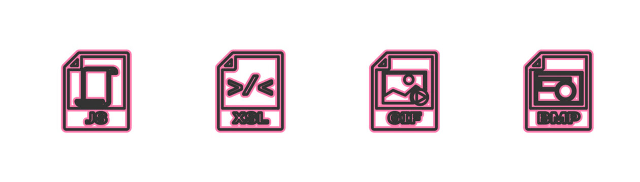 Set line JS file document, GIF, XSL and BMP icon. Vector.