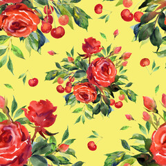 Seamless pattern of bright bouquets of roses with berries