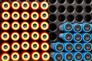 View from above on the lids of disposable test tubes used for venous blood tests.