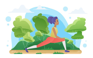 Yoga meditation in nature vector illustration. Cartoon active yogist woman character doing sport exercises, meditating in yoga asana, healthy activity in natural landscape isolated on white