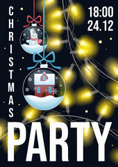 Christmas party flyer vector illustration. Winter holiday card design with festive glittering garland, house under snow, snowman, snowflake in ball for Christmas tree. Creative invitation background