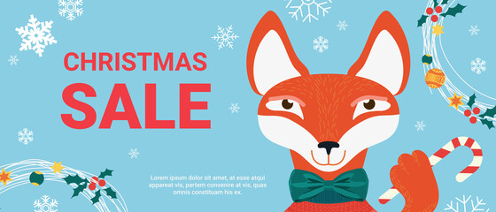 Christmas sale promo vector illustration. Cartoon forest fox with scarf, present gifts and snowflakes decor standing on Christmas or winter holidays background, discount offers banner