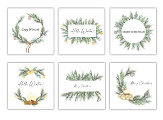 Watercolor illustration. A set of winter Christmas templates. Watercolor frames with fir branches for text placement.