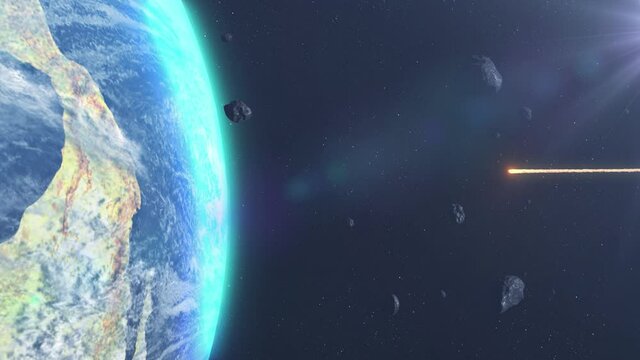 Asteroids Meteors and rocks Impact Earth Atmosphere
3d rendering cinematic vsion, outer space view
