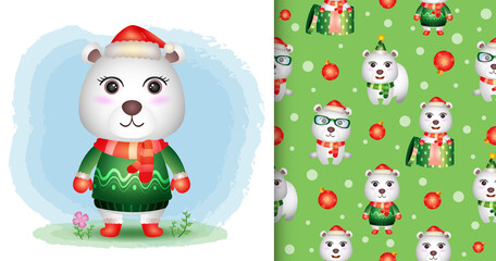 a cute polar bear christmas characters. seamless pattern and illustration designs