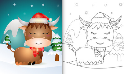 coloring book with a cute buffalo christmas characters with a santa hat and scarf