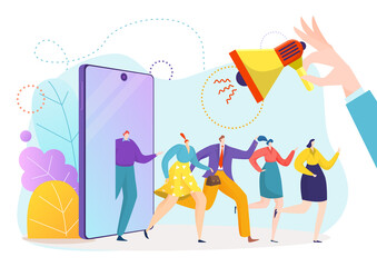 Referral marketing program, refer friend group character in internet vector illustration. People man woman recommend business advertising with megaphone. Flat announcement for customer online.