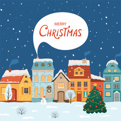 Fototapeta na wymiar Winter night city in retro style. Christmas background with houses. Cozy town in a flat style for greeting cards. Cartoon vector illustration.