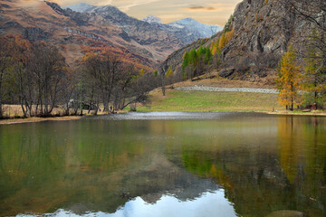 Autumn in the Alps, Italy. The Loz lake (pron. Ló). A small alpine lake located near Valtournenche (Aosta Valley), Italy.