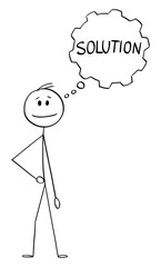 Vector cartoon stick figure drawing conceptual illustration of man, businessman or innovator with thinking bubble or balloon in shape of cog wheel.He is looking for solution or innovation.