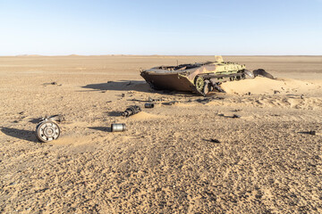Abandoned military tank in the desert, Chad	